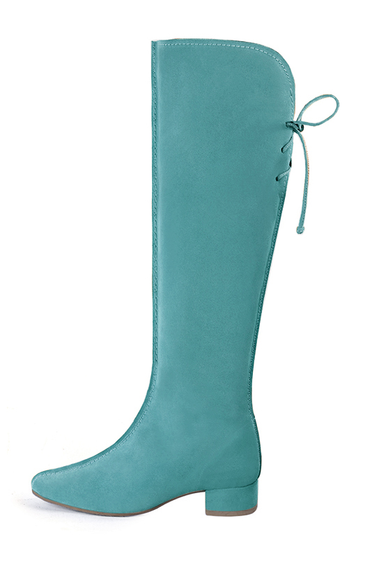 Aquamarine blue women's knee-high boots, with laces at the back. Round toe. Low block heels. Made to measure. Rear view - Florence KOOIJMAN